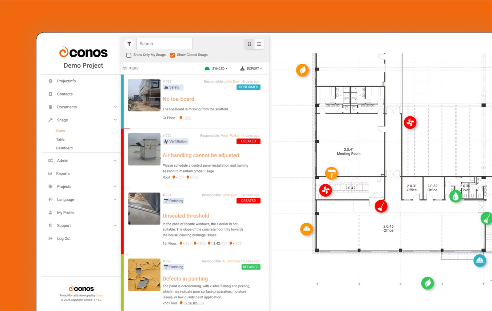 The Conos Snagging Tool: a list of snag cards beside a floor plan with colored snag pins