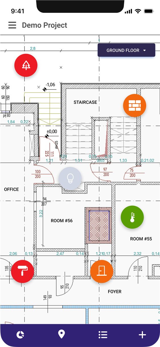 A floor plan on a phone with colored snag pins