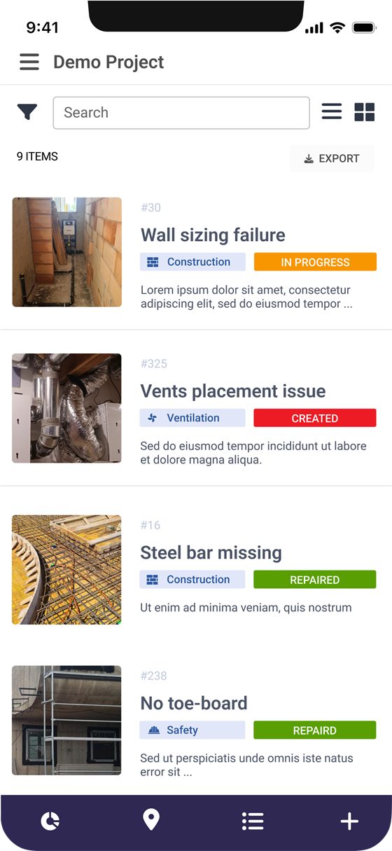 The snag list on a phone, with photos, subjects and status badges